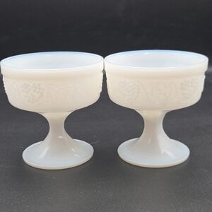 VTG Anchor Hocking Milk Glass Harvest Grape & Leaves Set/2 Footed Dessert Bowls